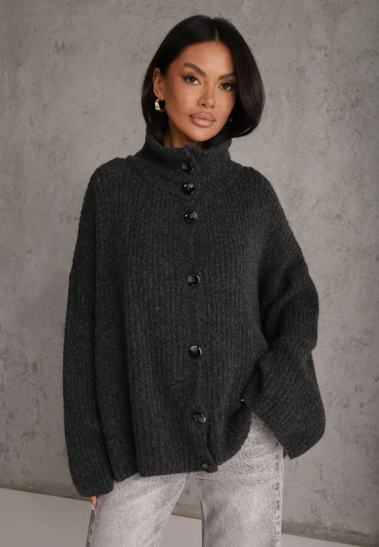 jumelle Cardigan din lână cu guler tip tunică Oversize Lornella Negru
