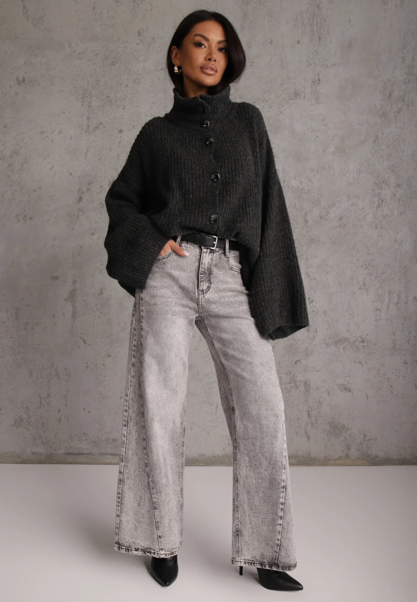 jumelle Cardigan din lână cu guler tip tunică Oversize Lornella Negru