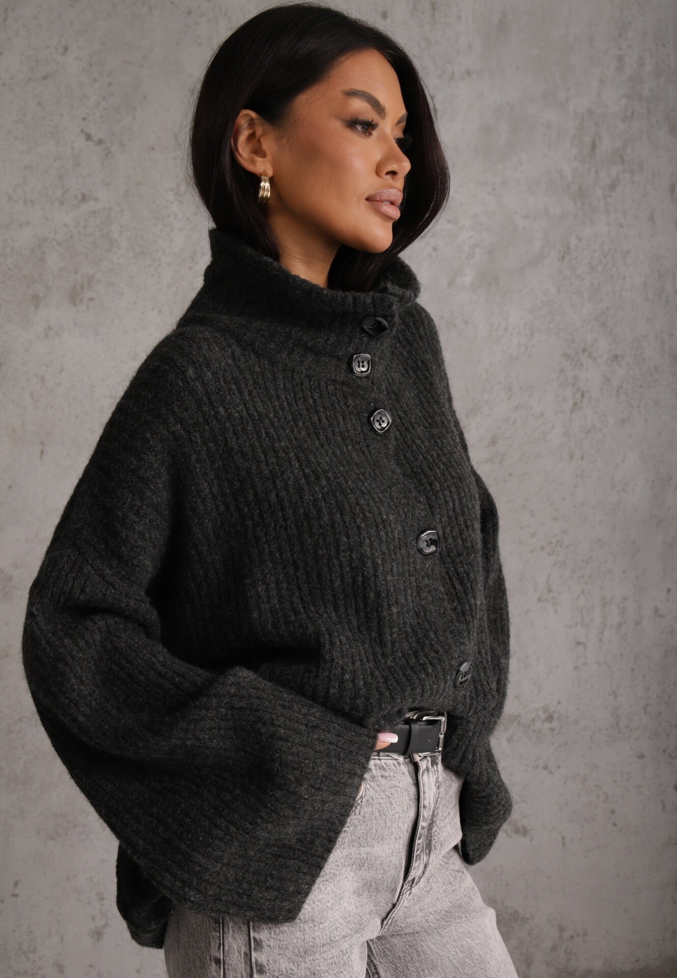 jumelle Cardigan din lână cu guler tip tunică Oversize Lornella Negru