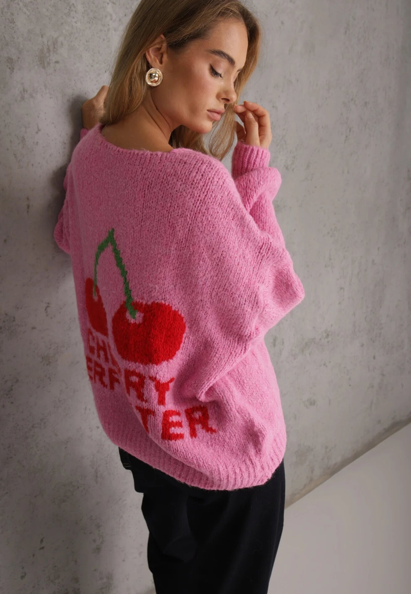 jumelle Cardigan Fuchsia cu amestec de lână cu inscripție și cireașă Benana