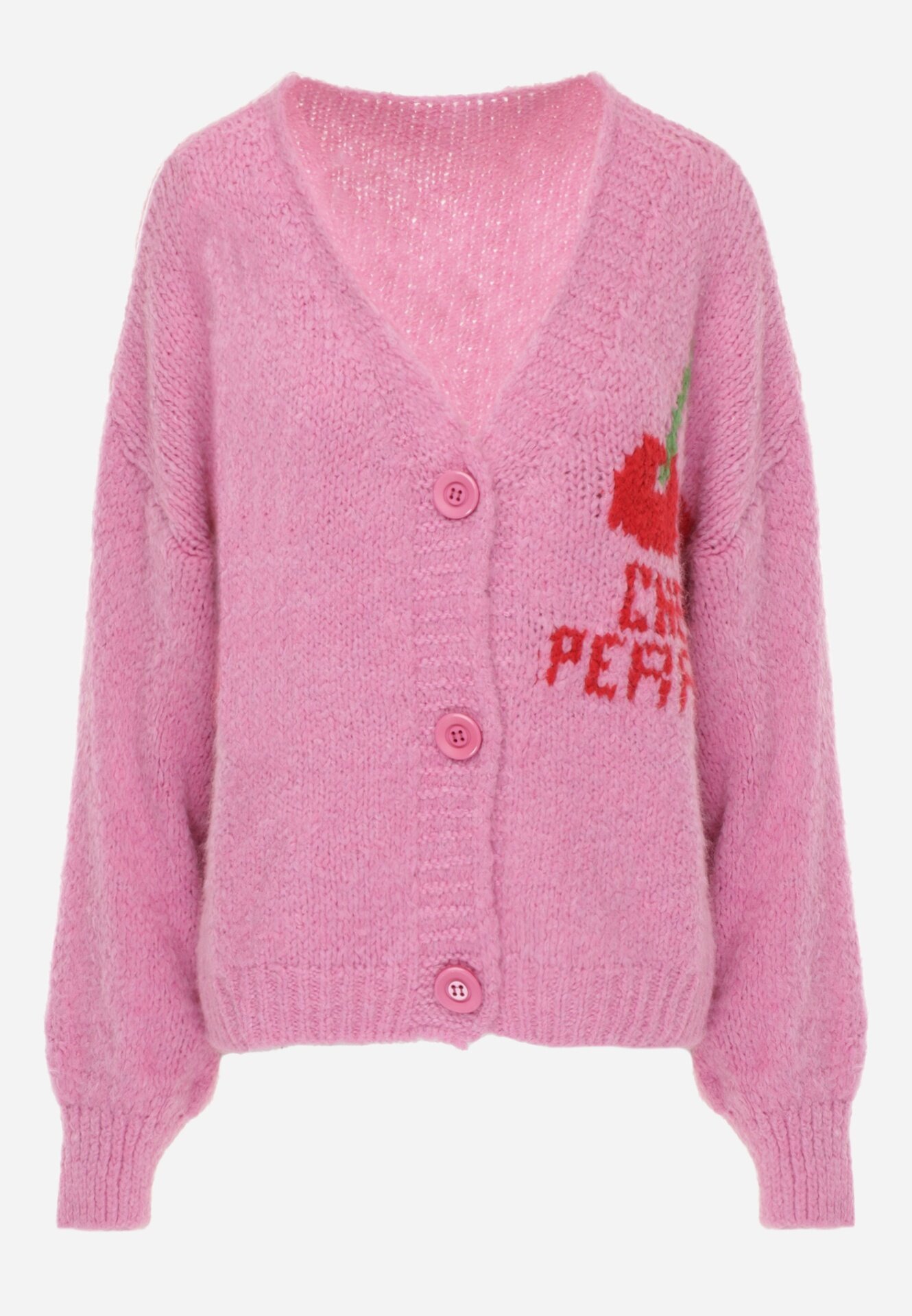 jumelle Cardigan Fuchsia cu amestec de lână cu inscripție și cireașă Benana