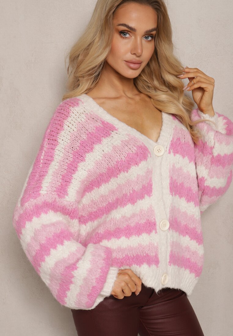 jumelle Cardigan Fucsia cu nasturi Decorat cu dungi Nevessa