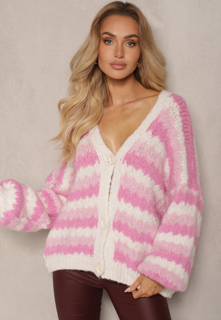 jumelle Cardigan Fucsia cu nasturi Decorat cu dungi Nevessa