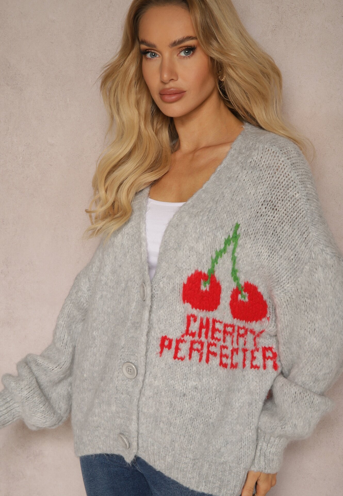 jumelle Cardigan Gri cu Amestec de Lână cu Inscripție și Cireș Benana