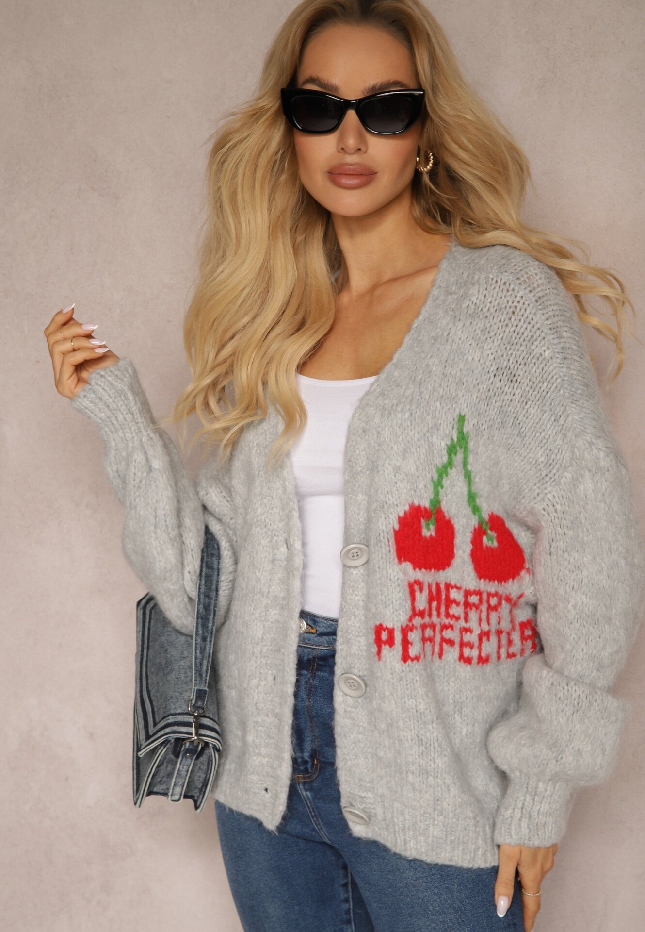 jumelle Cardigan Gri cu Amestec de Lână cu Inscripție și Cireș Benana