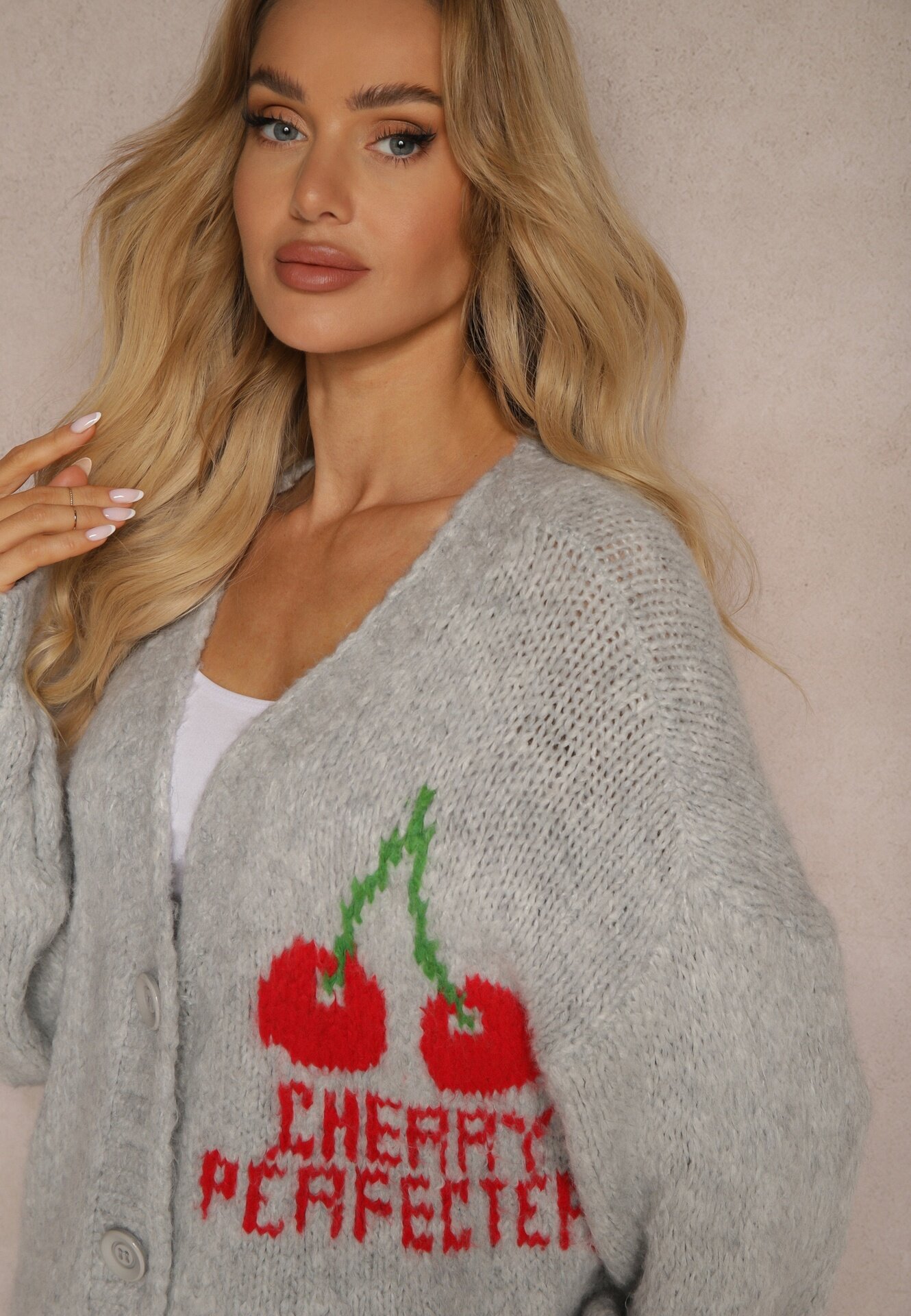 jumelle Cardigan Gri cu Amestec de Lână cu Inscripție și Cireș Benana