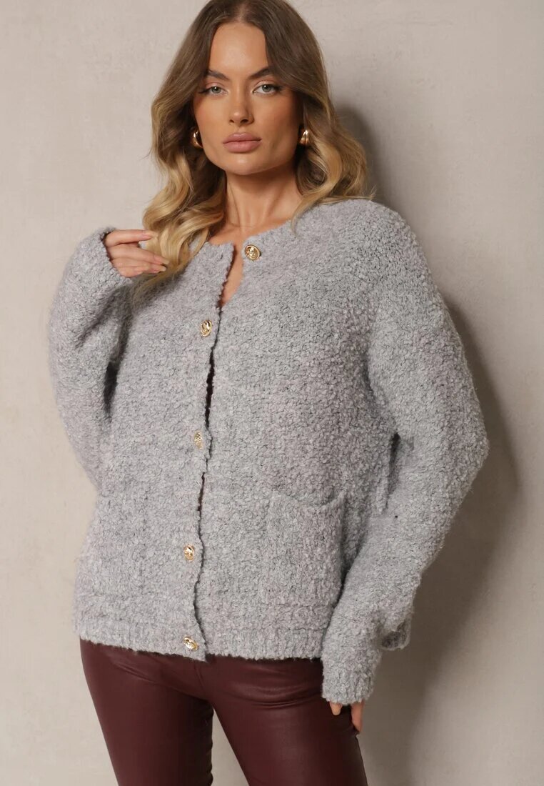 jumelle Cardigan Gri cu Mohair Lână și Viscoză cu nasturi cu buzunare Edironia