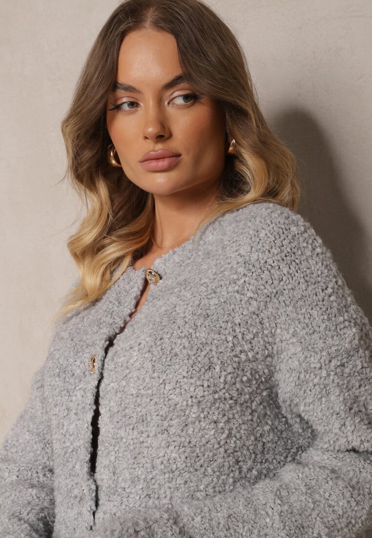 jumelle Cardigan Gri cu Mohair Lână și Viscoză cu nasturi cu buzunare Edironia