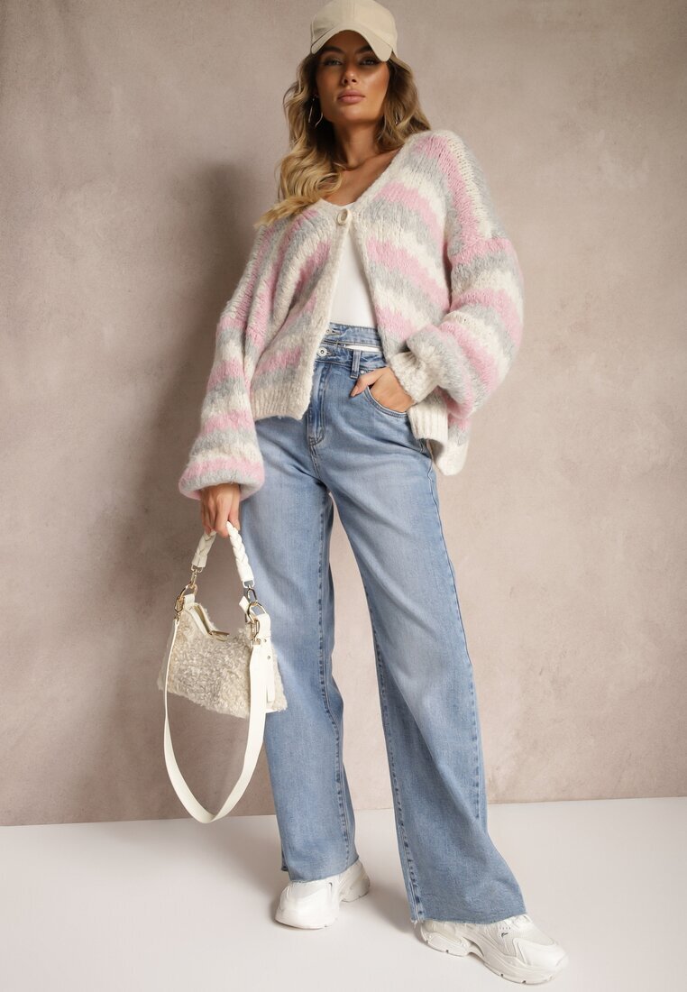jumelle Cardigan Gri-Roz cu nasturi decorat cu dungi Nevessa