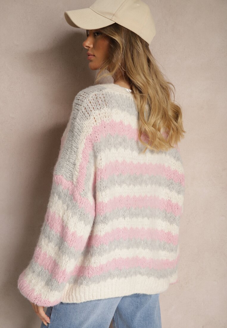 jumelle Cardigan Gri-Roz cu nasturi decorat cu dungi Nevessa