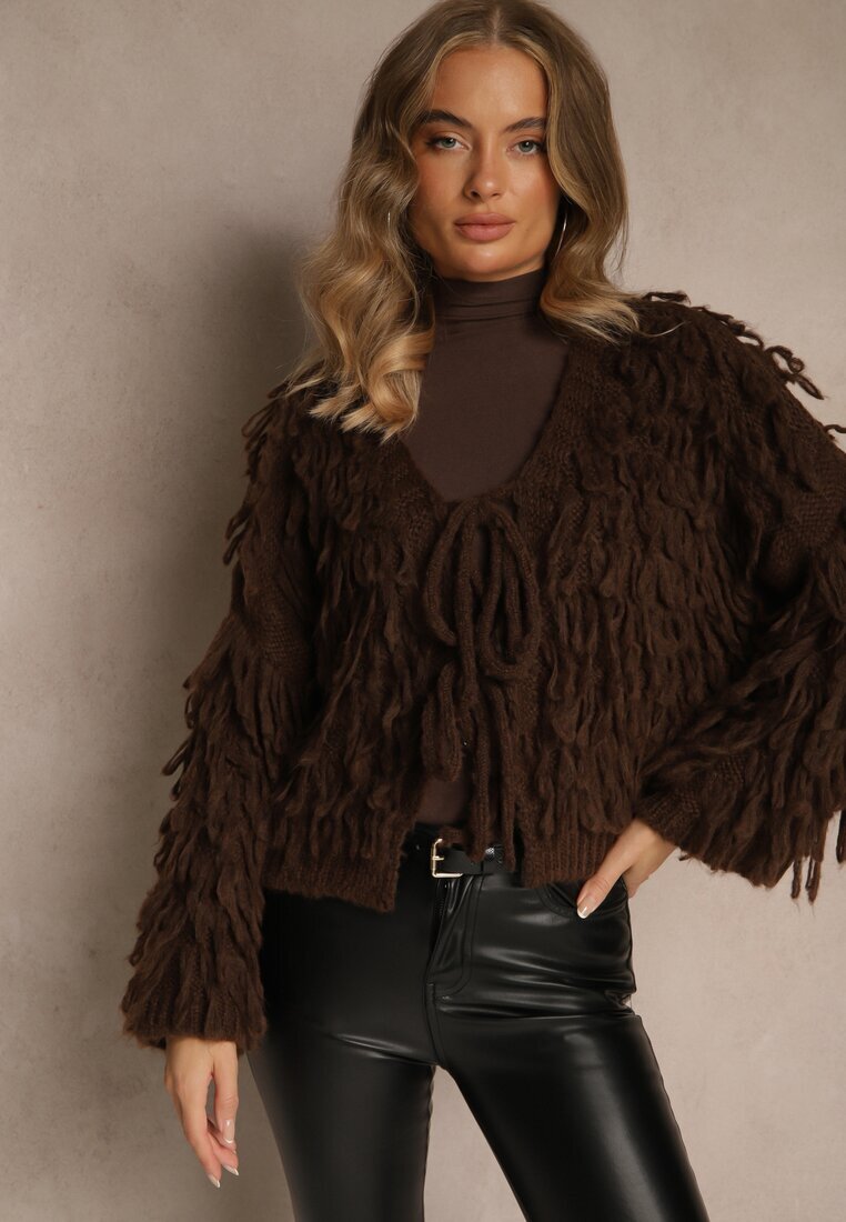 jumelle Cardigan Maro cu legătură și franjuri cu amestec de lână și viscoză Tiseana