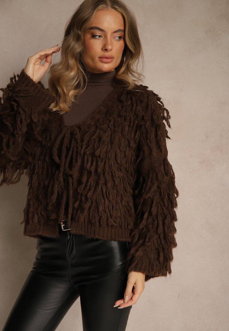 jumelle Cardigan Maro cu legătură și franjuri cu amestec de lână și viscoză Tiseana