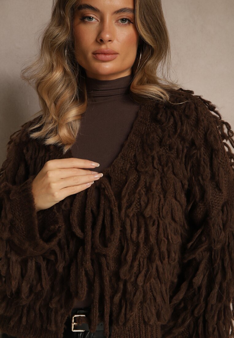 jumelle Cardigan Maro cu legătură și franjuri cu amestec de lână și viscoză Tiseana