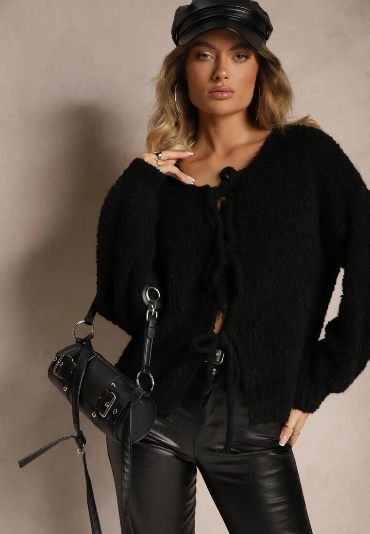 jumelle Cardigan Negru cu Lână Bumbac și Viscoză Decorat cu Legătură Lilassea