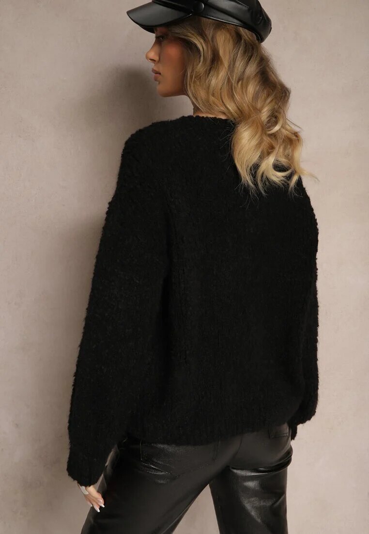 jumelle Cardigan Negru cu Lână Bumbac și Viscoză Decorat cu Legătură Lilassea