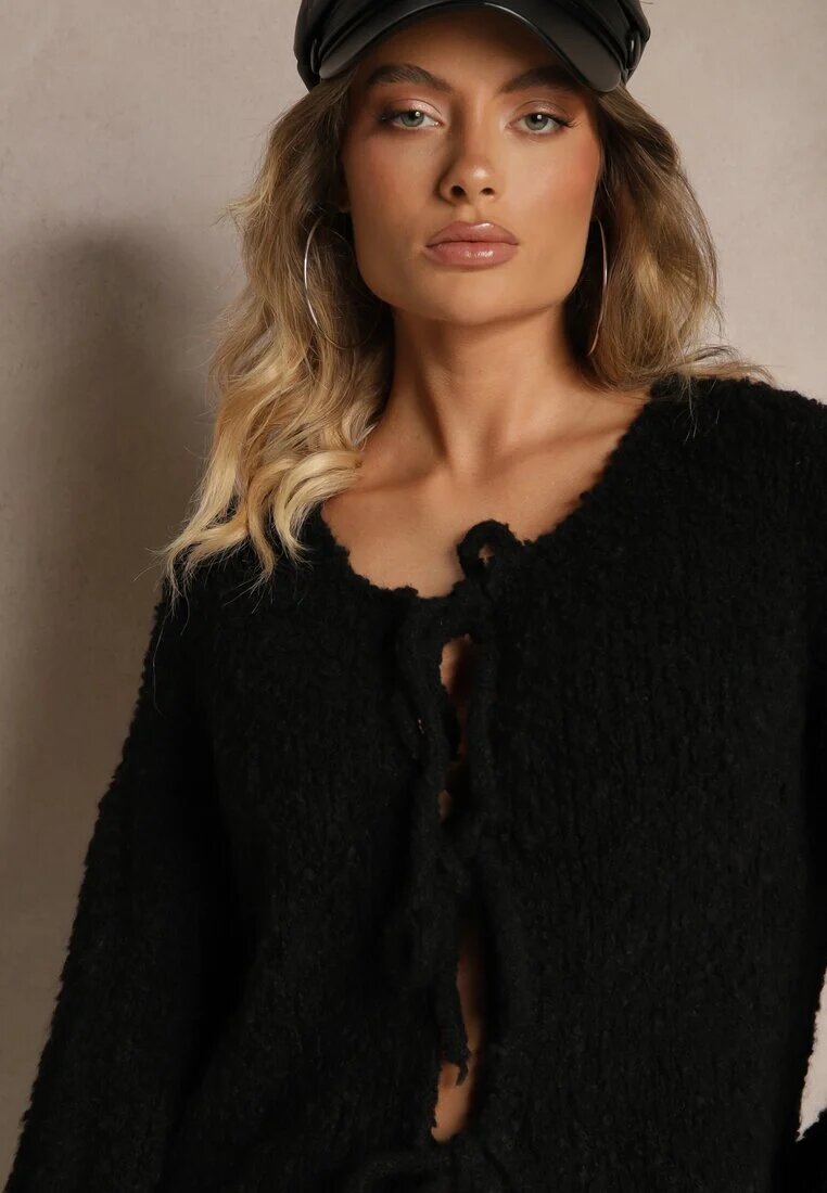 jumelle Cardigan Negru cu Lână Bumbac și Viscoză Decorat cu Legătură Lilassea