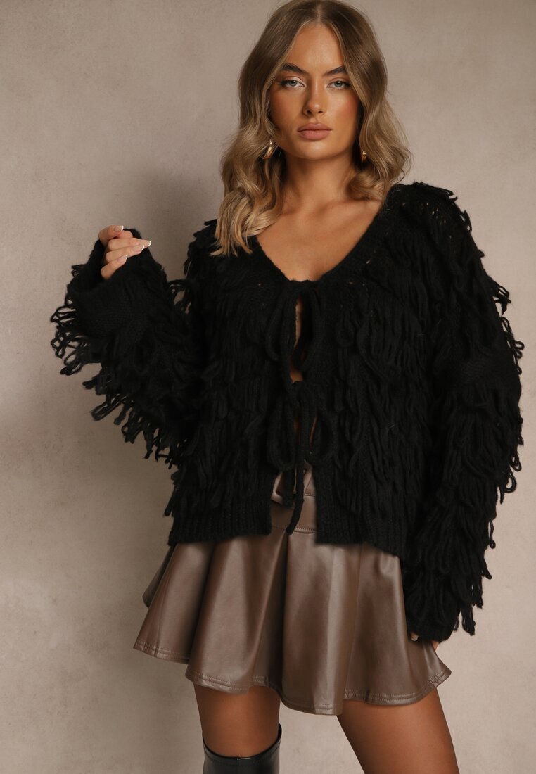 jumelle Cardigan Negru cu Legătură și Franjuri cu Amestec de Lână și Viscoză Tiseana