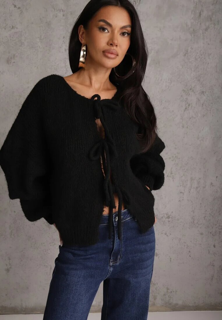 jumelle Cardigan Negru din Lână Croi Oversize cu Funde Legate Elearina