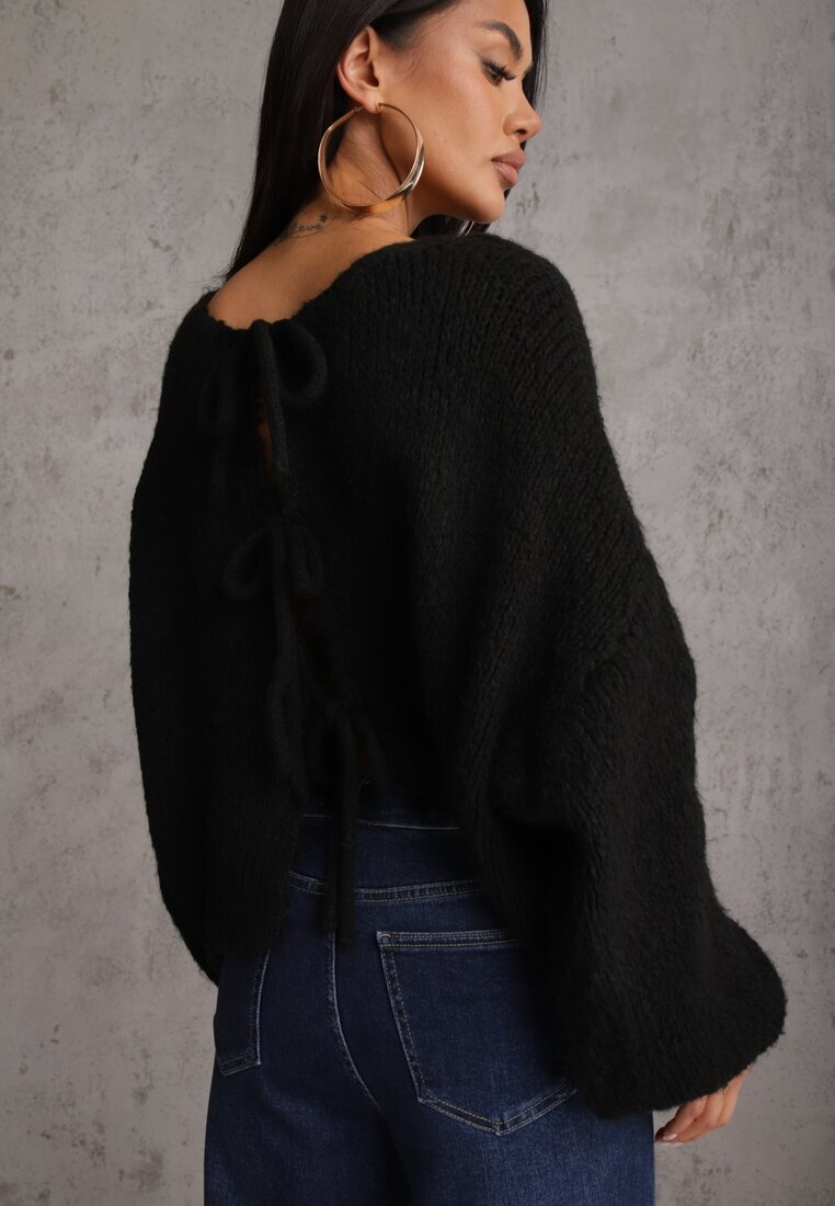 jumelle Cardigan Negru din Lână Croi Oversize cu Funde Legate Elearina