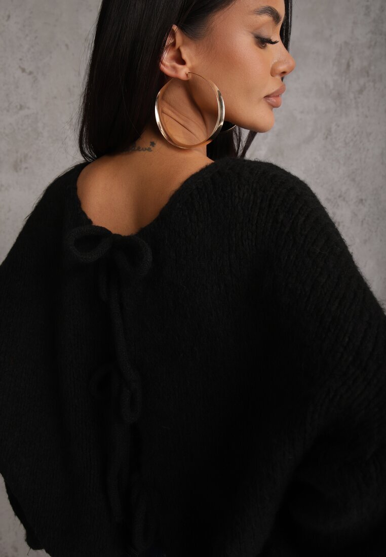 jumelle Cardigan Negru din Lână Croi Oversize cu Funde Legate Elearina