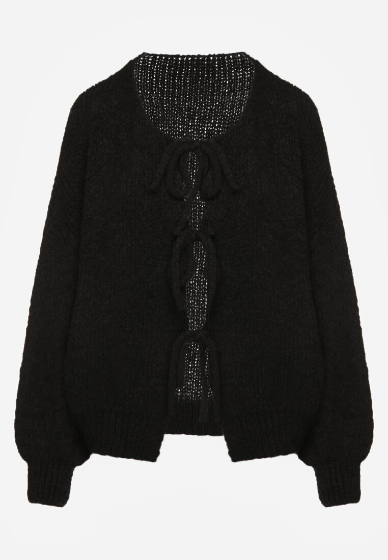 jumelle Cardigan Negru din Lână Croi Oversize cu Funde Legate Elearina