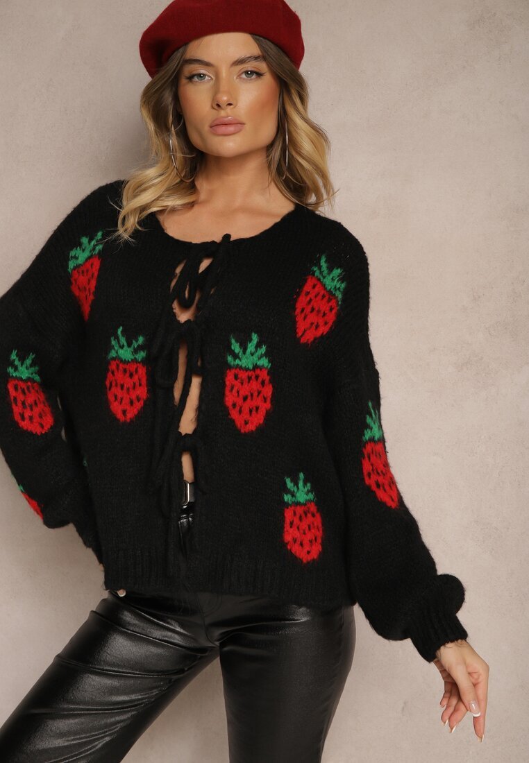jumelle Cardigan Negru Legat cu Lână și Vâscoză cu Model Decorativ cu Căpșuni Cesirae