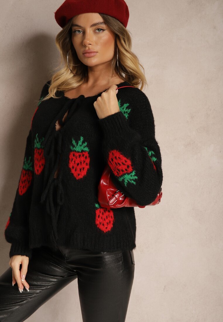 jumelle Cardigan Negru Legat cu Lână și Vâscoză cu Model Decorativ cu Căpșuni Cesirae