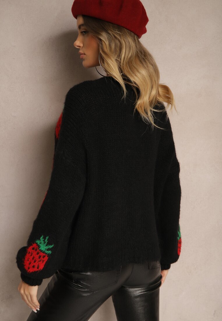 jumelle Cardigan Negru Legat cu Lână și Vâscoză cu Model Decorativ cu Căpșuni Cesirae