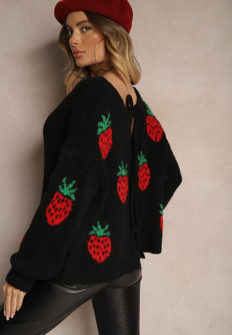 jumelle Cardigan Negru Legat cu Lână și Vâscoză cu Model Decorativ cu Căpșuni Cesirae