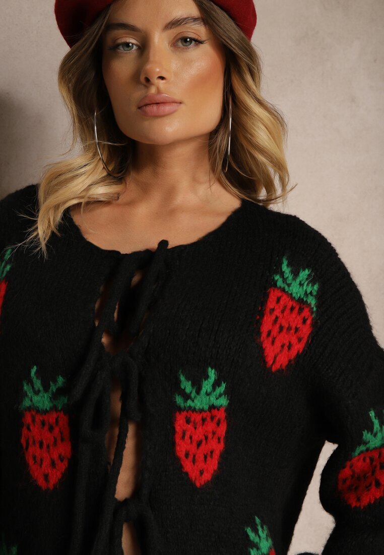 jumelle Cardigan Negru Legat cu Lână și Vâscoză cu Model Decorativ cu Căpșuni Cesirae