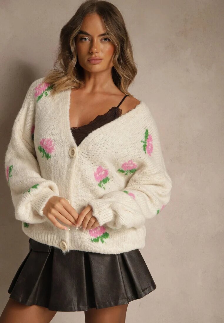 jumelle Cardigan oversize bej deschis cu adaos de lână floral Nelenesa