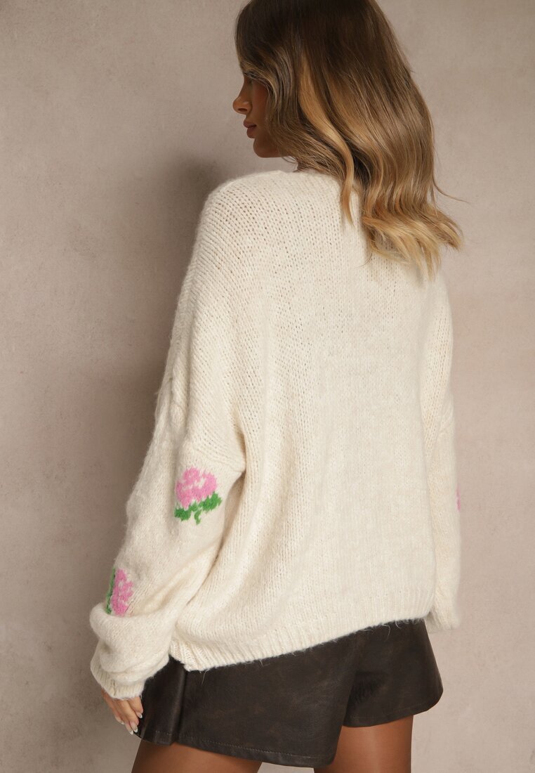jumelle Cardigan oversize bej deschis cu adaos de lână floral Nelenesa