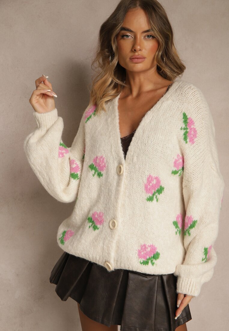 jumelle Cardigan oversize bej deschis cu adaos de lână floral Nelenesa