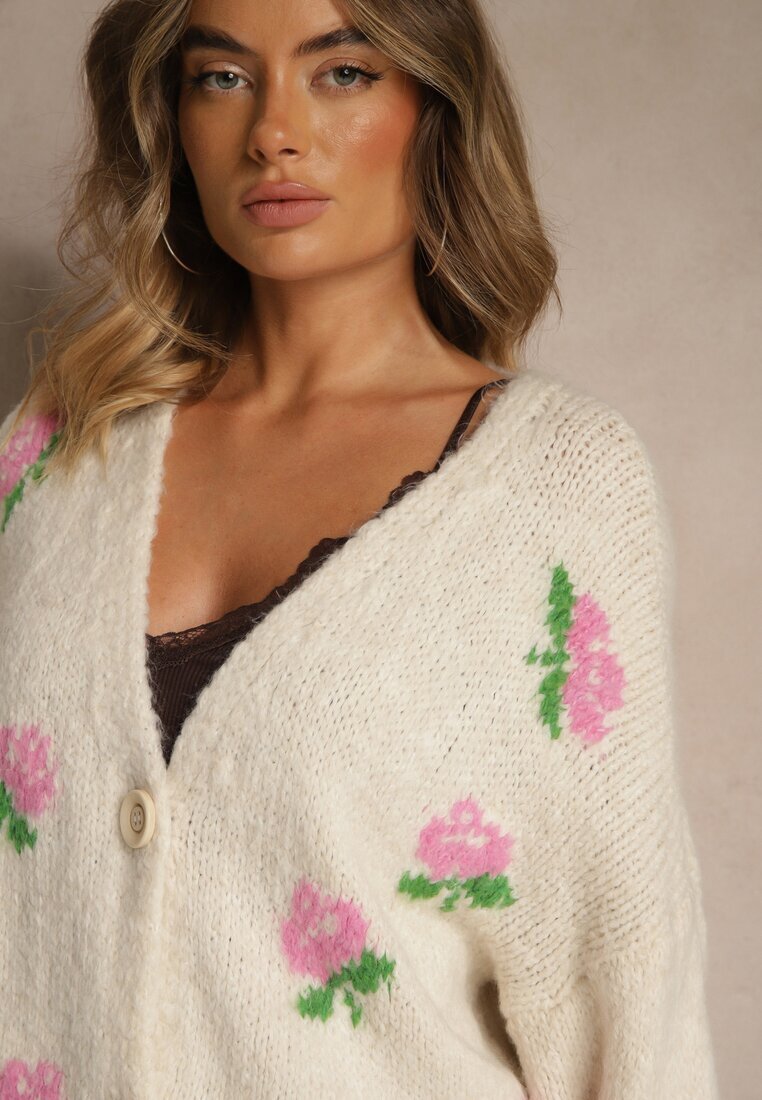 jumelle Cardigan oversize bej deschis cu adaos de lână floral Nelenesa