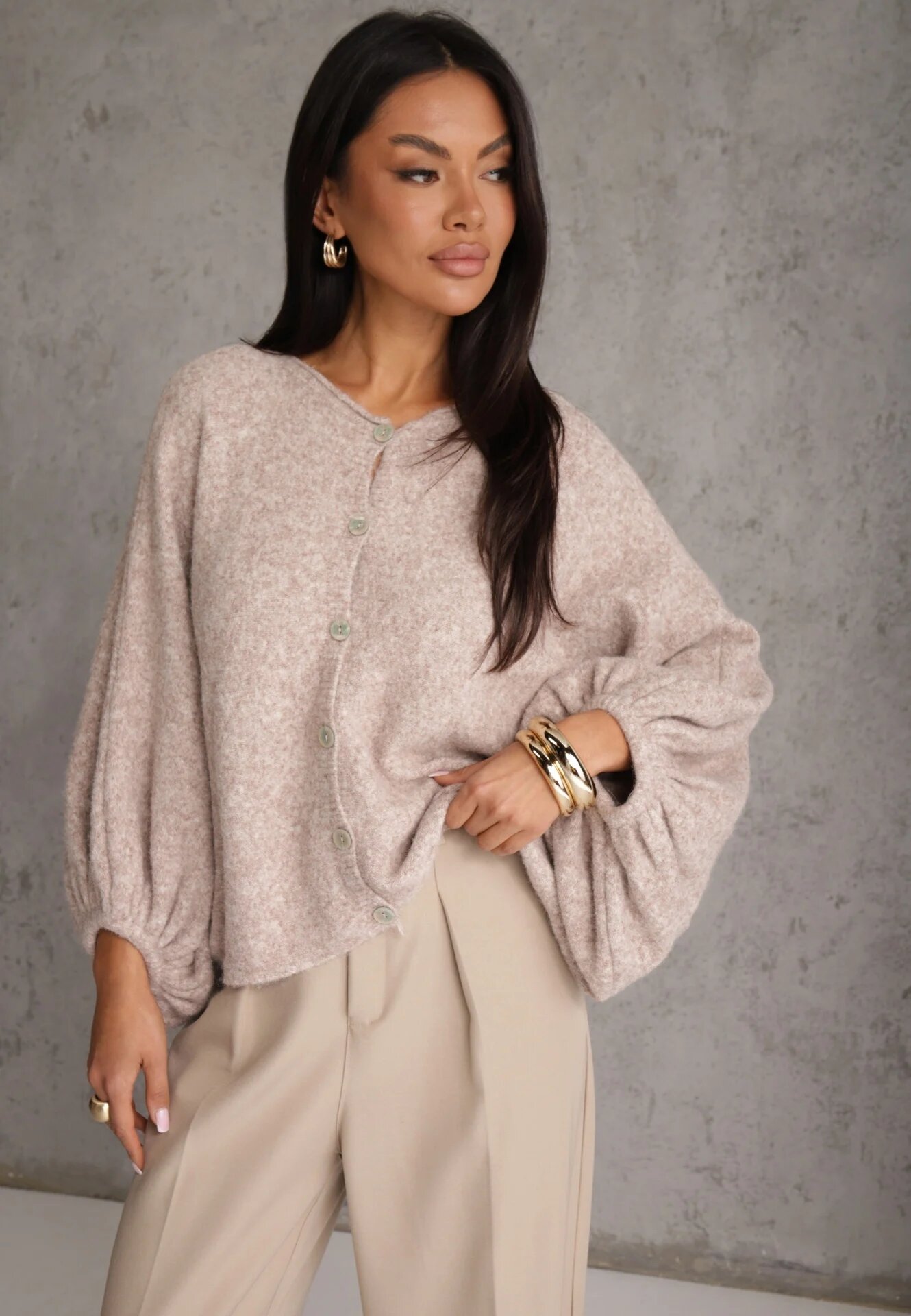 jumelle Cardigan oversize cu adaos de lână și mâneci batwing Nelias Bej