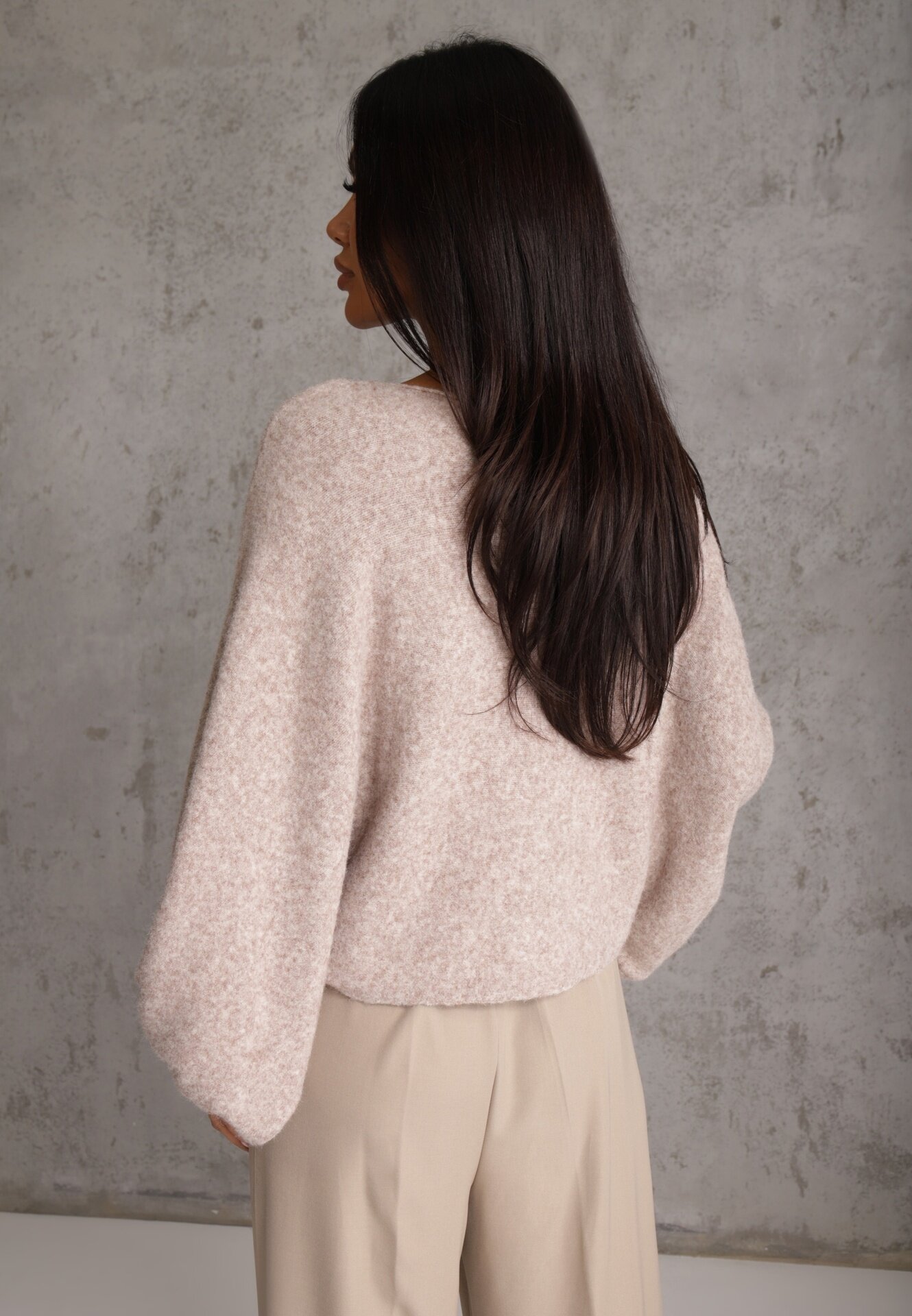 jumelle Cardigan oversize cu adaos de lână și mâneci batwing Nelias Bej