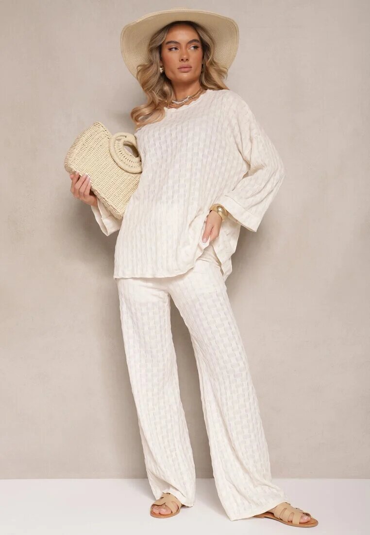 jumelle Compleu Bej cu Pantaloni cu Croială Largă și Bluză cu Mânecă Lungă Caniffia