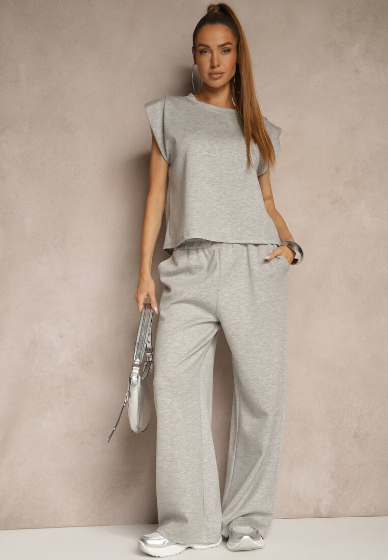 jumelle Compleu Gri din Viscoză Pantaloni Largi și Tricou cu Umeri Buretați Neidra