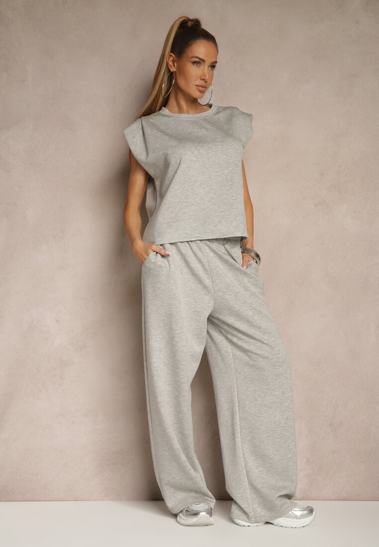 jumelle Compleu Gri din Viscoză Pantaloni Largi și Tricou cu Umeri Buretați Neidra