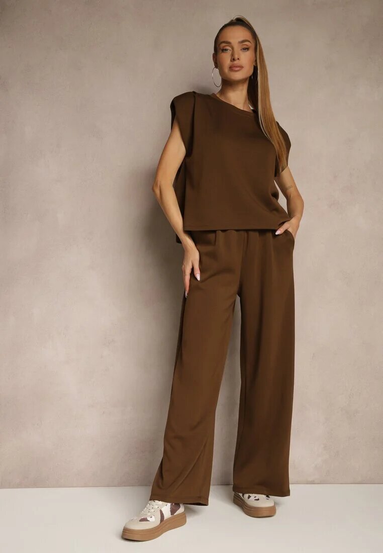 jumelle Compleu Maro din Viscoză cu Pantaloni Largi și Tricou cu Umeri Întăriți Neidra