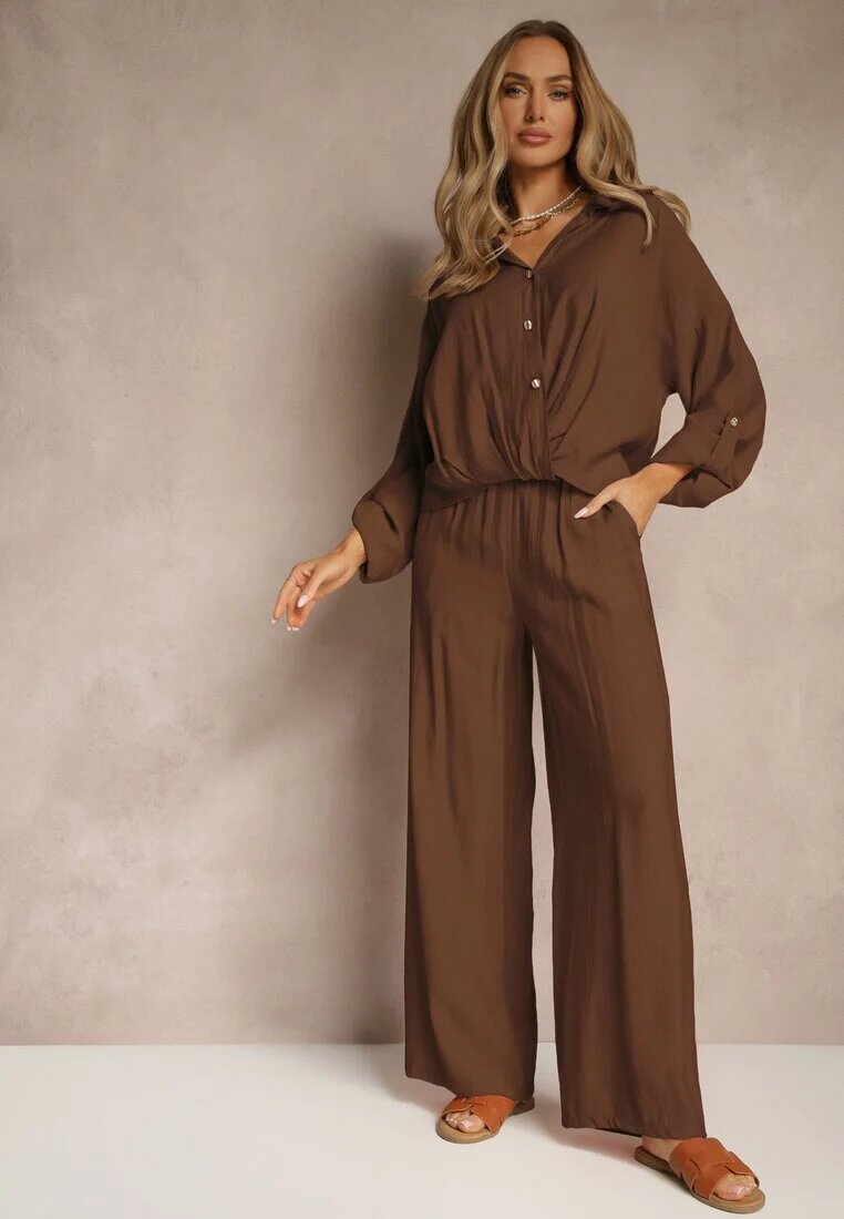 jumelle Compleu Maro din Viscoză stil oversize Pantaloni Lari și Cămașă Lejeră cu Nasturi Natinne