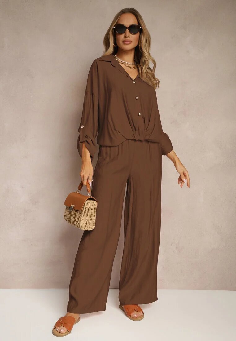 jumelle Compleu Maro din Viscoză stil oversize Pantaloni Lari și Cămașă Lejeră cu Nasturi Natinne