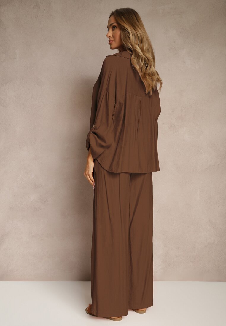 jumelle Compleu Maro din Viscoză stil oversize Pantaloni Lari și Cămașă Lejeră cu Nasturi Natinne
