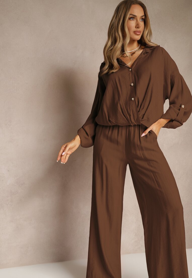 jumelle Compleu Maro din Viscoză stil oversize Pantaloni Lari și Cămașă Lejeră cu Nasturi Natinne