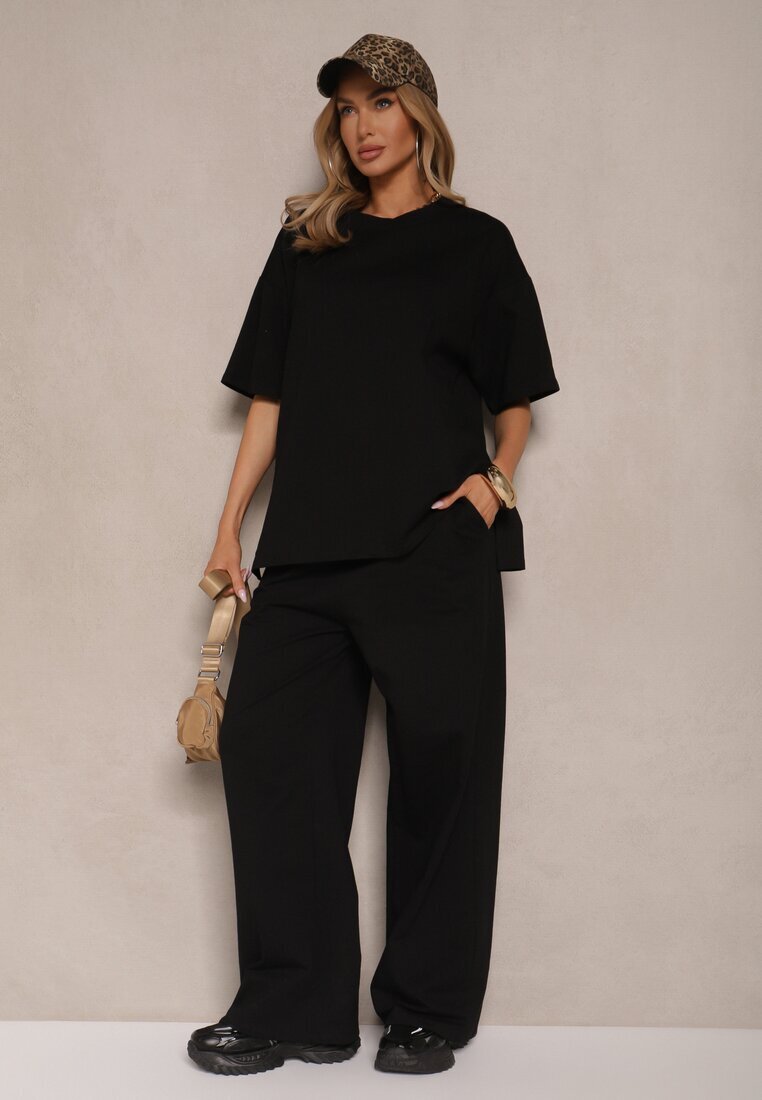 jumelle Compleu Negru din Bumbac Tricou cu Decupaje și Pantaloni cu Croială Largă Elpiola