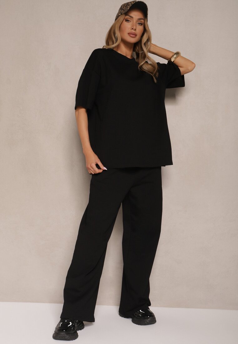 jumelle Compleu Negru din Bumbac Tricou cu Decupaje și Pantaloni cu Croială Largă Elpiola
