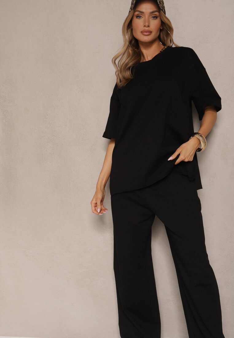 jumelle Compleu Negru din Bumbac Tricou cu Decupaje și Pantaloni cu Croială Largă Elpiola