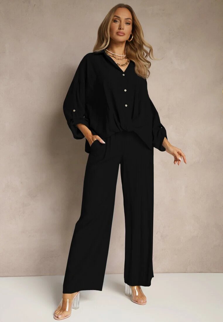 jumelle Compleu Negru din Viscoză Stil Oversize Pantaloni Largi și Cămașă Largă cu Nasturi Natinne
