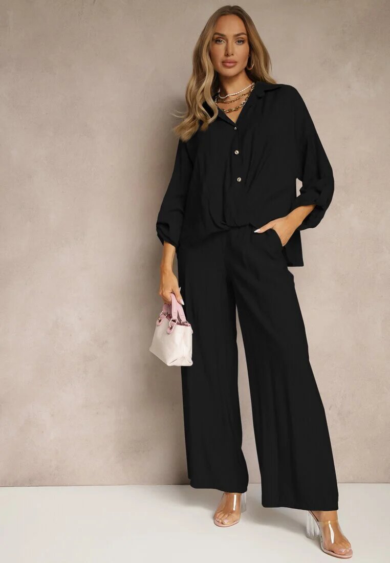 jumelle Compleu Negru din Viscoză Stil Oversize Pantaloni Largi și Cămașă Largă cu Nasturi Natinne
