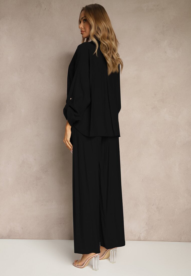 jumelle Compleu Negru din Viscoză Stil Oversize Pantaloni Largi și Cămașă Largă cu Nasturi Natinne